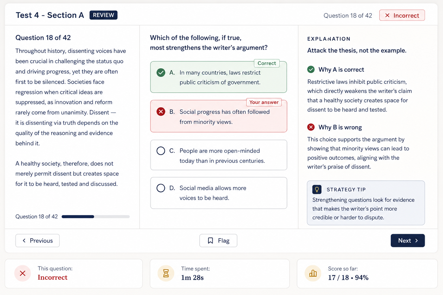 LNAT practice test with question, answer choices, and performance feedback